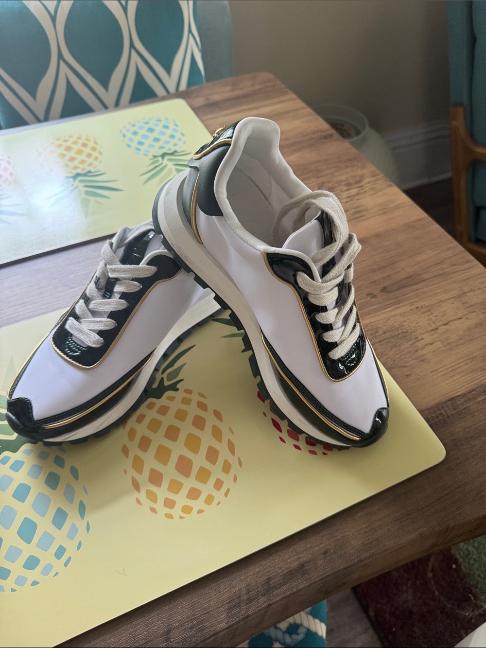 Donna Karan White Sneakers with Black and Gold Trim